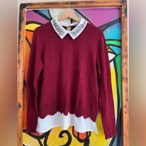 Belldini Burgundy Top with Crystal Embellished White Collar